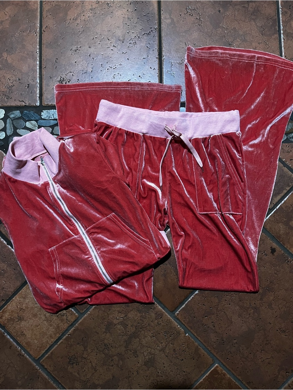 SHEIN Red Velvet Jogger Set with Pink Trim